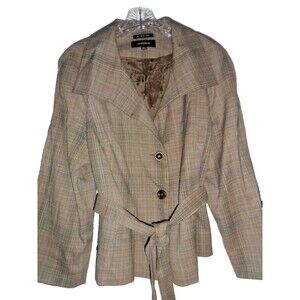 Jones Wear Career Jacket Blazer Belted   Brown/Tan Plaid Women's SZ L Stretch
